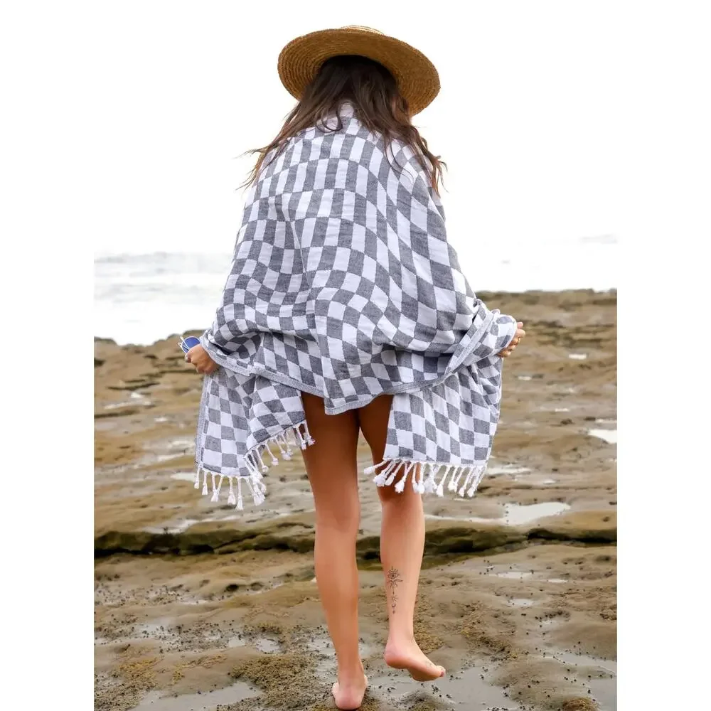 Teema Organic Cotton Charcoal Checkmate Flat Woven Turkish Towel Bath Sheet New